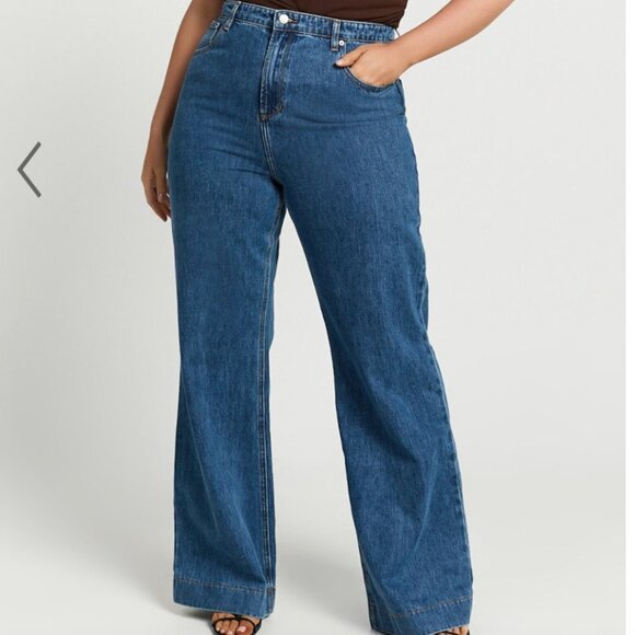 Showpo Emman Jeans  High Waisted Cotton Wide Leg Denim Jeans in Dark Blue Wash - Picture 1 of 9